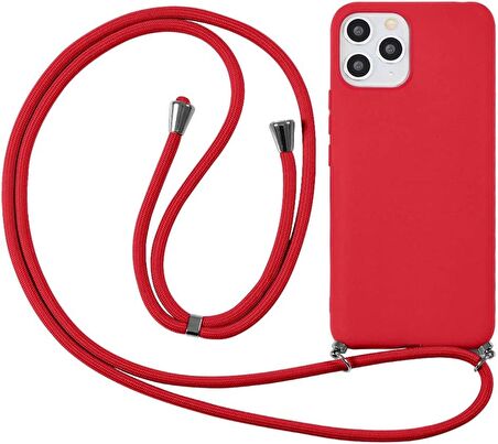 iPhone 12 ile uyumlu İpli Boyun Askılı Silikon Kılıf Kadife iç Yüzeyli Epiphany Kılıf Kırmızı
