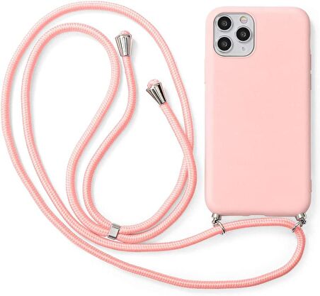 iPhone 11 Pro ile uyumlu İpli Boyun Askılı Silikon Kılıf Kadife iç Yüzeyli Epiphany Kılıf Pembe