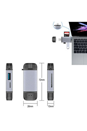 6 In 1 Usb, Type-c, Mikro Usb To Usb2.0/tf/sd Kart Okuyucu 3 Port Hub Adaptör Çevirici