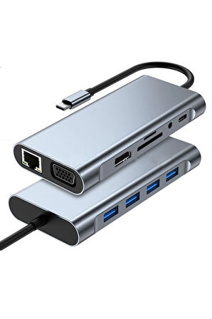 11 In 1 Type-c To Usb Hub Port Adaptör Hdmı, 4x Usb, Lan, Vga Sd Card Çevirici Çoklayıcı