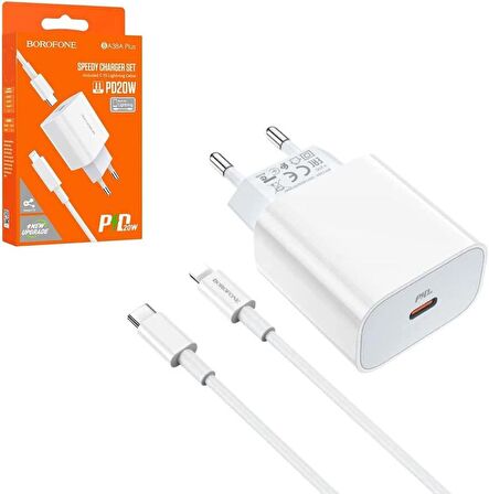 Borofone BA38A Lightning - Type-C 20 Watt Hızlı Şarj Aleti Beyaz