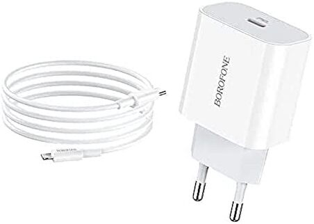 Borofone BA38A Lightning - Type-C 20 Watt Hızlı Şarj Aleti Beyaz
