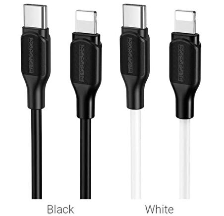 Borofone Data ve Şarj Kablo Silikon PD 20W Type-C To Lightning 1 Metre Uzunluk Output 3A Seyahat Ev Ofis Kullanımına Uygun BX42 (Siyah)