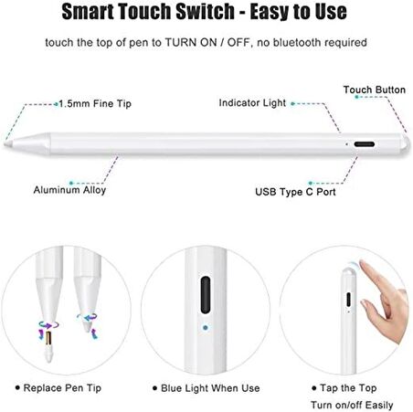 iPad 5. Jenerasyon ile Uyumlu ve Üstü Modeller 2018-2022 Profesyonel Dokunmatik Kalem Avuç İçi Reddetme Eğim Algılamalı Aktif Kapasitif Yedek Uçlu Palm Rejection Stylus Pen Alp5