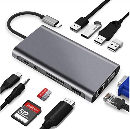 Coverzone Type-C To HDMI Adaptör 11 In 1 Dört USB 3.0 Bağlantı Noktası 4K HDMI VGA Type C PD USB3.0 RJ45 Ethernet SD TF Kart Okuyucu 3.5mm AUX MacBook Pro Air Uyumlu