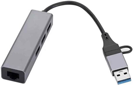 Coverzone USB 3.0 to Ethernet RJ45 Lan Hub 1000Mbps 3 Adet USB 3.0 Çıkışlı Ethernet Adaptörü type-c RJ45 LAN Kablosu USB 3.0 Hub Ağ Kartı PC Macbook Samsung