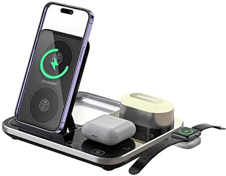 Coverzone Masaüstü Şarj Stand ve Kit 4 in 1 Uyumlu Telefonunuzu Kablosuz Şarj Ederken Stand Olarak Kullanın Kulaklık ve Akıllı Saat Şarj Multi Fonksiyonel RGB Işıklı Wireless Charger FR12