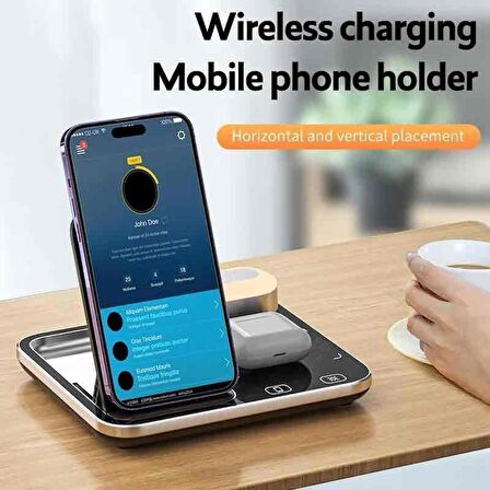 Coverzone Masaüstü Şarj Stand ve Kit 4 in 1 Uyumlu Telefonunuzu Kablosuz Şarj Ederken Stand Olarak Kullanın Kulaklık ve Akıllı Saat Şarj Multi Fonksiyonel RGB Işıklı Wireless Charger FR12