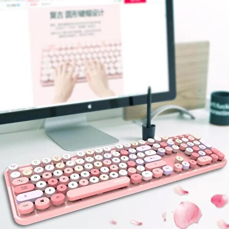 Mofii Kablosuz Klavye Ve Mouse Set Bluetooth 104 Tuşlu Pc Notebook Uyumlu Klayve ve Fare 136mm x 445mm ZR513 (Pembe)