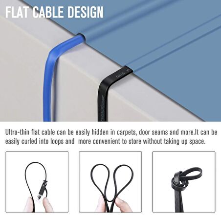 Network Kablosu Ethernet Kablo Cat 6 Siyah Ultra İnce Flat Ağ Kablosu (2 Metre)