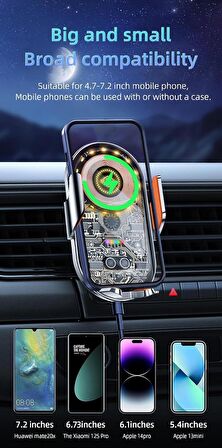 Coverzone Kablosuz Araç İçi Cep Telefonu Şarj 2in1 Telefon Tutucu ve Şarj Araç 4.7-7.2 inç Uyumlu Havalandırma ve Izgarasına Montaj Transparan Tasarım C12