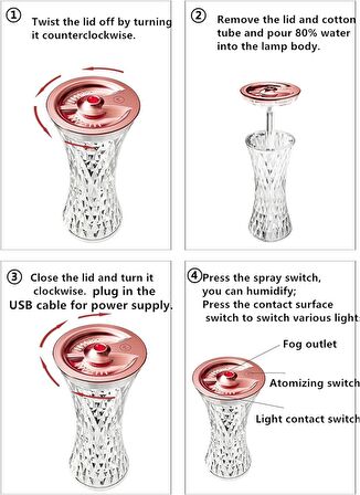 Coverzone Masaüstü Lamba ve Nemlendirici Şarjlı Işık Kristal Elmas Desenli 7 Farklı Renk Atmosfer Lamba Göz Yormayan Işık Kitap Okuma Işığı Salon Oturma Odası Yatak Odası Aydınlatma 20cm x 9xm D13