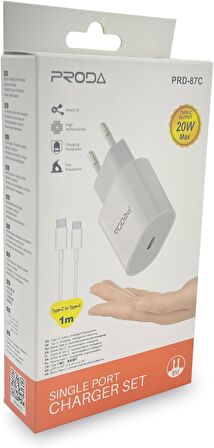 Coverzone Proda 20W Type-C to Type-C Hızlı Şarj Adaptörü PD Güç Şarj Cihazı Galaxy S23 Ultra ve Xiaomi 13 Pro Uyumlu Şarj Cihazı için Duvar Seyahati Şarj Kafa PRD-87C