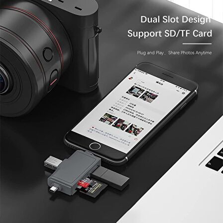 Coverzone Usb Ligtning iphone - iPad Uyumlu ve Type-c Girişli Kart Okuyucu Multi OTG USB C Adapter SD TF Micro Card Reader Micro USB Adapter iphone Lighting için Dönüştürücü ADS-368