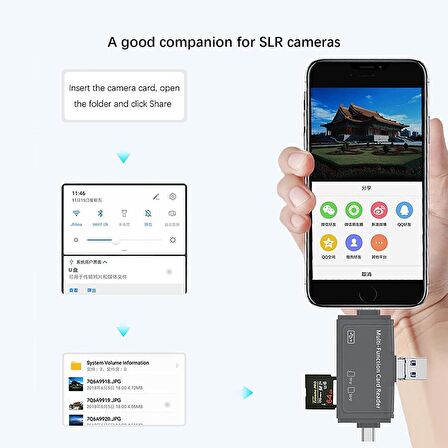 Coverzone Usb Ligtning iphone - iPad Uyumlu ve Type-c Girişli Kart Okuyucu Multi OTG USB C Adapter SD TF Micro Card Reader Micro USB Adapter iphone Lighting için Dönüştürücü ADS-368