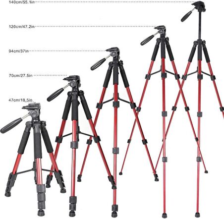 Zomei Q111 Kamera Cep Telefonu Alüminyum Alaşım Seyahat Tripodu Hafif Kamera Üç Ayaklı 3 Yönlü Döner Başlık Hızlı Değiştirme Plakası Cep Telefonu Tutucu ve Çanta 47 – 140 cm Kırmızı Renk