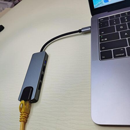 Coverzone Type-c Hub Ethernet Hdmi Usb 100/1000 Mbps (1 gigabit) Aktarım Hızı USB C HUB 5 in 1 USB Çoğaltıcı Hub C RJ45+ 4K HDMI uyumlu + 2 USB + 87W PD Adaptörü Macbook iPhone 15 Uyumlu SW51