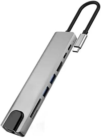 Coverzone 8 in 1 Type C to 2 Port USB 3.0 2 SD Kart TF Kart HDMI RJ45 2PD Kablolu Adaptör iphone 15 Serisi Uyumlu Type C Girişli Android Cihazlara Uyumlu ZR38