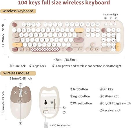 Geezer Kablosuz Klavye Ve Mouse Set Sevimli 104 Tuşlu Pc Notebook Laptop Uyumlu Klayve ve Fare Ev Ofis Kullanımına Uygun İngilizce Q Klavye Bej