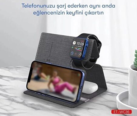 Coverzone iPhone Uyumlu Watch Uyumlu 3+1 Kablosuz Saat Kulaklık Hızlı Şarj Cihazı Stand Ev Ofis Tip Hem Telefon ve Saat Stand Hem Şarj İstasyonu WC36