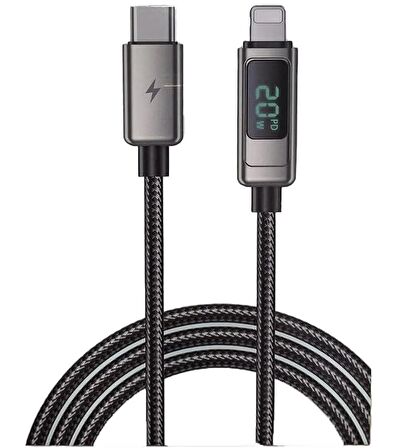 Coverzone iPhone ile Uyumlu PD20W Hasır Kablo Type-C To Lightning Digital Led Ekranlı Data Kablo 1.2 Metre LS20CL