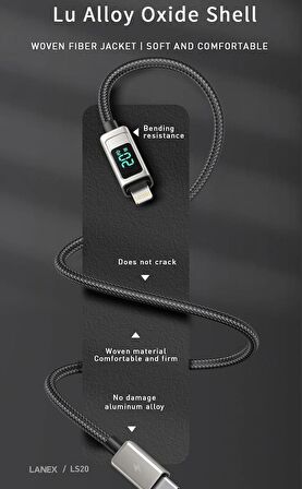 Coverzone iPhone ile Uyumlu PD20W Hasır Kablo Type-C To Lightning Digital Led Ekranlı Data Kablo 1.2 Metre LS20CL