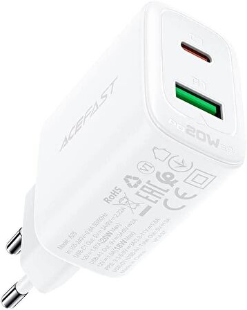Acefast Duvar Şarj Cihazı Hızlı Şarj Type-C ve USB-A Seyahat Şarj Cihazı PD20W Şarj Kafa (1xUSB-C+1xUSB-A) EU Beyaz Renk A25