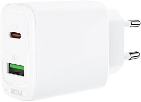 Acefast Duvar Şarj Cihazı Hızlı Şarj Type-C ve USB-A Seyahat Şarj Cihazı PD20W Şarj Kafa (1xUSB-C+1xUSB-A) EU Beyaz Renk A25