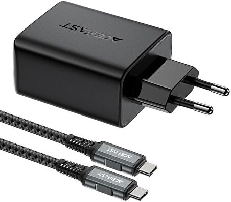 ACEFAST Duvar Şarj Cihazı Akıllı Şarj Cihazı Type-C to Type-C Şarj Kablo USB-C - 60W + USB-A - 5W + Medya Bağlantı Noktası 4K / 60Hz GaN PD65W EU A17 Siyah Renk