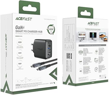 ACEFAST Duvar Şarj Cihazı Akıllı Şarj Cihazı Type-C to Type-C Şarj Kablo USB-C - 60W + USB-A - 5W + Medya Bağlantı Noktası 4K / 60Hz GaN PD65W EU A17 Siyah Renk