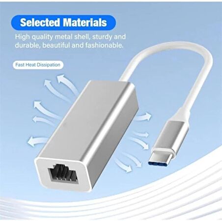 Coverzone Gigabit Type-C To Ethernet RJ45 Çevirici Kablolu İnternet Dönüştürücü 1000Mbps Macbook ve Notebook İle Uyumlu Alüminyum Kasa Tak Çalıştır USB-C To LAN Adaptörü RJ45 Tip-C ZR117