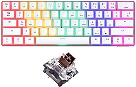 Ajazz Oyuncu Klavye STK61 Pudding Keycap Kablolu & Bluetooth Çift Mod Mekanik Gaming Keyboard (STK61 - Beyaz - Kahverengi Switch)