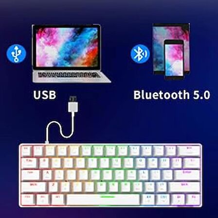 Ajazz Oyuncu Klavye STK61 Pudding Keycap Kablolu & Bluetooth Çift Mod Mekanik Gaming Keyboard (STK61 - Beyaz - Kahverengi Switch)