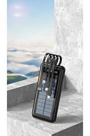 Solar 10.000 Mah Güneş Enerjili Led Işıklı Powerbank Şarj Aleti 2 Usb Çıkışlı Micro Type-c Lightning