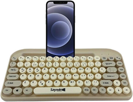 Saywin Bluetooth Klavye Renkli Retro Kablosuz Klavye Daktilo Görünümlü Tuş Tasarımı Şık ve Kullanışlı Telefon Koyma Gözü Pilli Türkçe Q Klavye SW-05 (Krem)