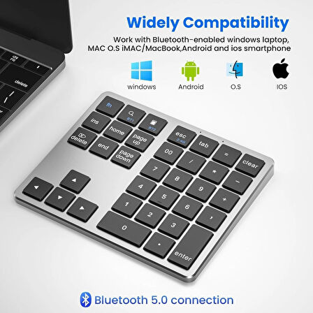 Coverzone 35 Tuşlu Bluetooth Klavye Genişletme Sayı Bloğu Mini Sayı Bloğu Dizüstü Bilgisayar ve Laptop Girişi İçin Bluetooth Keypad, Alüminyum Şarj Edilebilir Harici Numerik Klavye K35 (Gray)