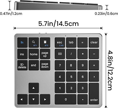 Coverzone 35 Tuşlu Bluetooth Klavye Genişletme Sayı Bloğu Mini Sayı Bloğu Dizüstü Bilgisayar ve Laptop Girişi İçin Bluetooth Keypad, Alüminyum Şarj Edilebilir Harici Numerik Klavye K35 (Gray)