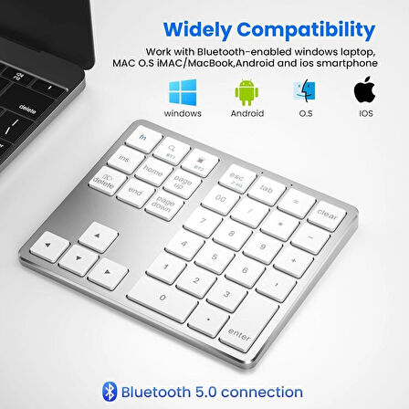 Coverzone 35 Tuşlu Bluetooth Klavye Genişletme Sayı Bloğu Mini Sayı Bloğu Dizüstü Bilgisayar ve Laptop Girişi İçin Bluetooth Keypad, Alüminyum Şarj Edilebilir Harici Numerik Klavye K35 (Silver)