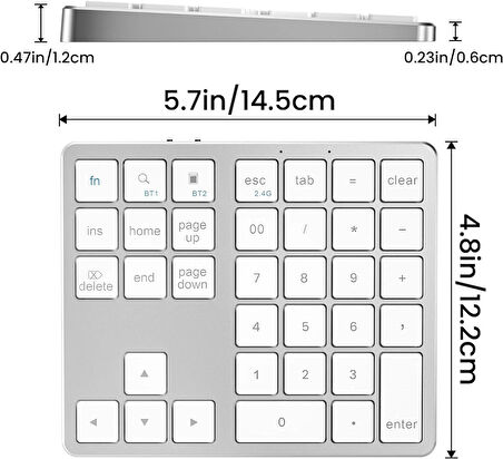 Coverzone 35 Tuşlu Bluetooth Klavye Genişletme Sayı Bloğu Mini Sayı Bloğu Dizüstü Bilgisayar ve Laptop Girişi İçin Bluetooth Keypad, Alüminyum Şarj Edilebilir Harici Numerik Klavye K35 (Silver)