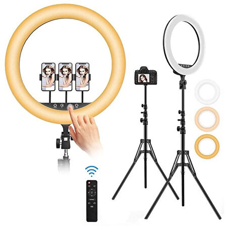 Coverzone Youtuber Selfie LED Işıklı HQ-18 Halka 18 inch Selfie/Yayıncı/Makyaj Işığı 210 cm Tripod 3 Telefon Tutuculu Kumandalı 3 Farklı Ayarlanabilir Işık Çift Usb Girişli