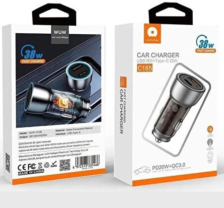 Coverzone 38W Hızlı Şarj Araç Çakmak Şarj Cihazı Dual Port USB 18W + Type-C 20W PD20W+QC3.0 - C185