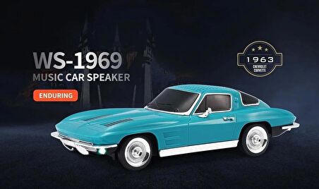 Coverzone Kablosuz Hoparlör Bluetooth Retro Ride 1963 Chevrolet Corvette Klasik Araba Görünümlü Hoparlör ve FM Radyo USB SD AUX Girişli WS-1969 (Mavi)