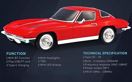 Coverzone Kablosuz Hoparlör Bluetooth Retro Ride 1963 Chevrolet Corvette Klasik Araba Görünümlü Hoparlör ve FM Radyo USB SD AUX Girişli WS-1969 (Mavi)