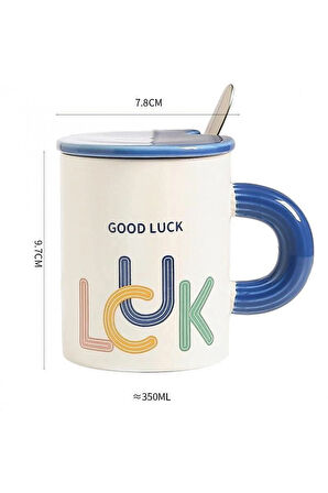 Good Luck Şans Bardağı Seramik Kapakli Kaşıklı Kupa Mug Hediyelik 350 ML Beyaz