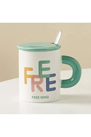 Free Wind Seramik Kapaklı Kaşıklı Kupa Mug Hediyelik 350 ML Beyaz
