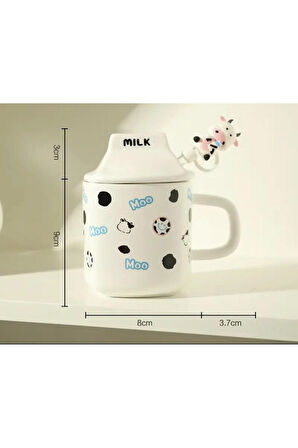 Sevimli İnek Milk  Figürlü Kapaklı Cam Pipetli Kupa Mug Hediyelık  330 ML