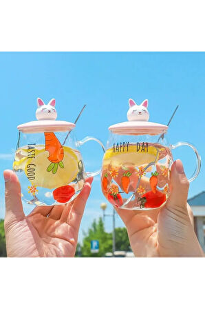 Happy Day Havuç Desenli Tavşan  Figürlü Cam Pipetli Kapaklı Cam Bardak Kupa Dekoratif Hediyelik