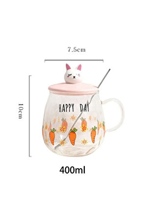 Happy Day Havuç Desenli Tavşan  Figürlü Cam Pipetli Kapaklı Cam Bardak Kupa Dekoratif Hediyelik
