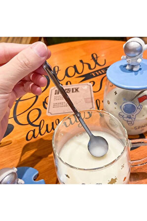 Astronot Figürlü  Kaşıklı Kapaklı Cam Bardak Kupa Dekoratif Hediyelik