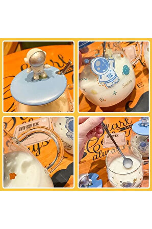 Astronot Figürlü  Kaşıklı Kapaklı Cam Bardak Kupa Dekoratif Hediyelik